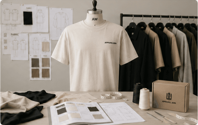 Sample room with mannequin and garments